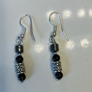 Black Onyx with hematite and silver metal beads earrings.